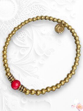 Vintage Signed RC Gold Plated Beaded Bracelet Red Accent Rustic Cuff 478